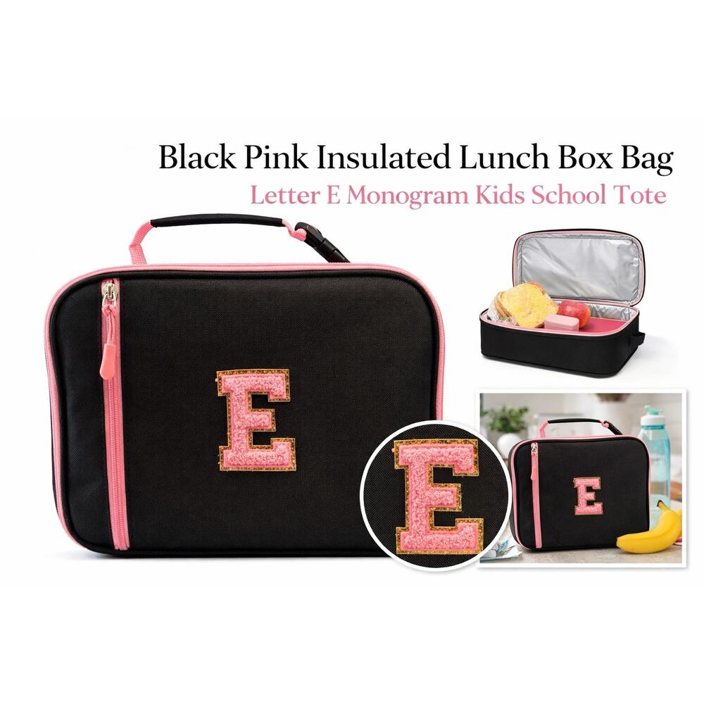 Black Pink Insulated Lunch Box Bag Letter E Monogram Kids School Tote
